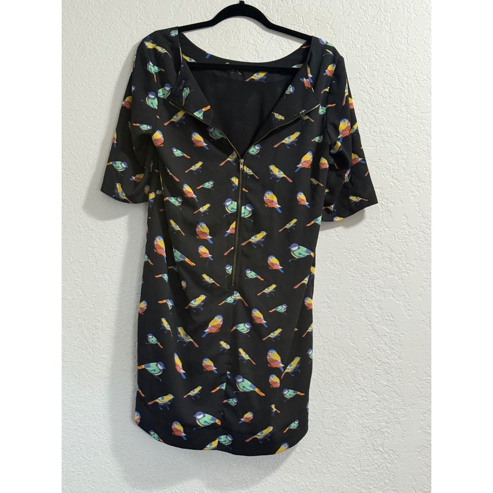 Eclair Black Multi Color Bird Print Shirt  Short Sleeve Back Zip L